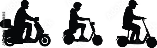 Silhouettes of Riders on Scooters and E-Mopeds Depicting Personal Urban Transportation Styles with Helmets and Seated Riding Postures