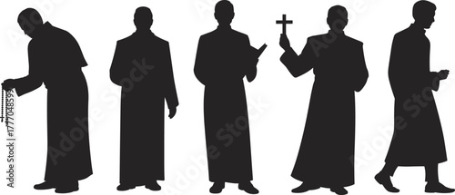 Silhouettes of Religious Clergy in Robes Holding Crosses, Books, and Rosaries Depicting Faith, Worship, and Spiritual Practice