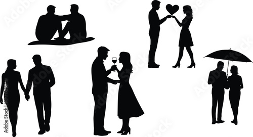 Silhouettes of romantic couples in affectionate poses—walking, toasting, gifting, sitting, and sharing umbrella—in love-themed vector illustration set