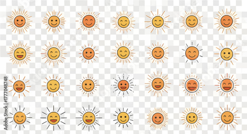 Vector Icon of Smiling Face with Glowing Rays Happiness, Positivity, Joyful Emotion, Flat Minimal Line Art, Pastel Orange and Yellow