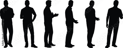 Silhouettes of Standing Male Figures in Varied Poses Depicting Casual Gestures, Body Language, and Human Posture for Design Use