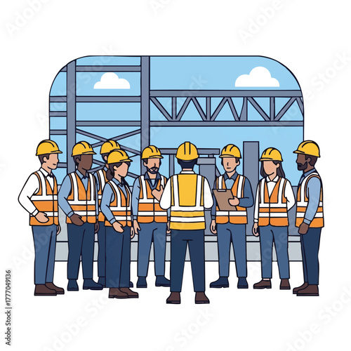 A team of construction workers in safety vests and helmets gather for a briefing on the building site, with a modern structure in the background.
