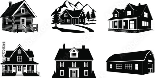 Stylized house silhouettes featuring diverse residential architecture, log cabin, modern, classical, and barn-style homes for design, real estate, and illustration