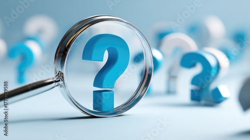 A silver-edged magnifying glass and a floating question mark