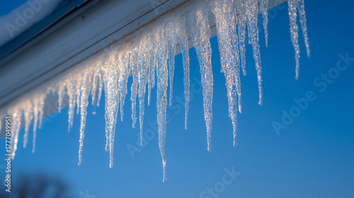 Wallpaper Mural A close up view of icicles hanging from a roof against a bright blue winter sky on a sunny day Torontodigital.ca