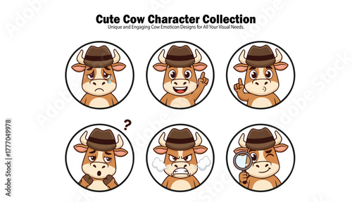 Six cartoon cow characters with different expressions, wearing hats and depicted in circular frames.