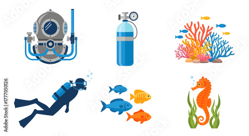 Underwater Exploration Scene with Diver, Marine Life, and Equipment Icons on White Background, Vector Illustration