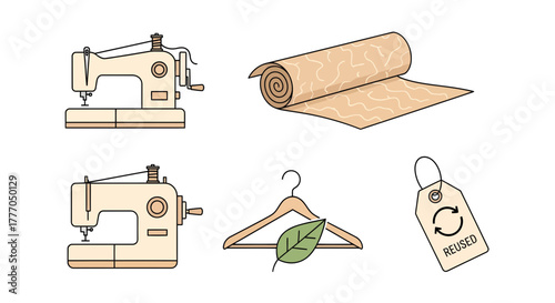 Sewing machines, fabric roll, hanger with leaf, and clothing label illustration set on a clean background