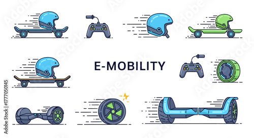 Collection of E-Mobility Vehicle Icons and Accessories Illustrated in Flat Design