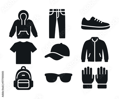Vector Casual clothing icons: hoodie, jeans, sneakers, and accessories