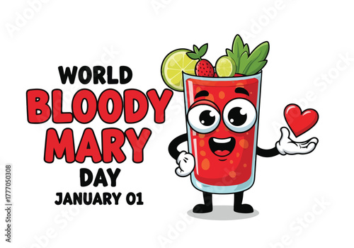 Cartoon bloody mary character holding a heart celebrating world bloody mary day on january 1st with a fun and playful design