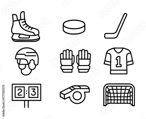Vector Outline icons of hockey equipment and symbols