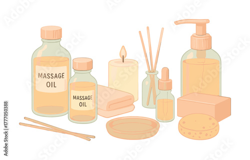 Vector Spa essentials: aromatherapy candle, massage oils, diffuser sticks, soap, towels, relaxation