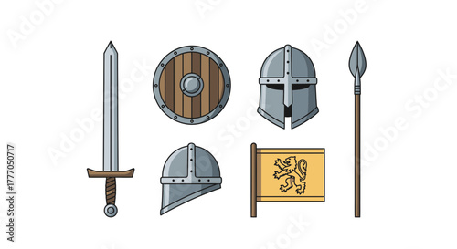 Medieval warfare vector icon set. Flat line art illustrations featuring knight weapons, armor, a shield, spear, and historical flag. Isolated on a white background
