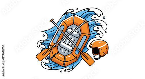Flat vector illustration inflatable raft, paddles, safety helmet, dynamic blue waves. Captures whitewater rafting, outdoor water sports, and exhilarating adventure