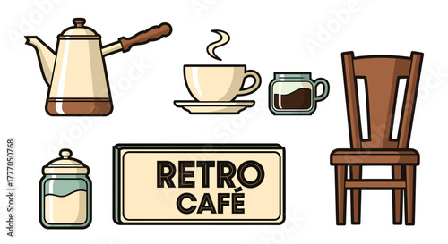 Retro cafe vector icon set with vintage coffee pot, steaming cup, sugar, milk, wooden chair, and 'Retro Cafe' sign, ideal for nostalgic designs