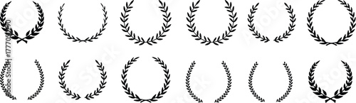 Laurel wreath vector illustration set featuring twelve black designs symbolizing victory, honor, achievement, award, celebration, decorative emblem, success