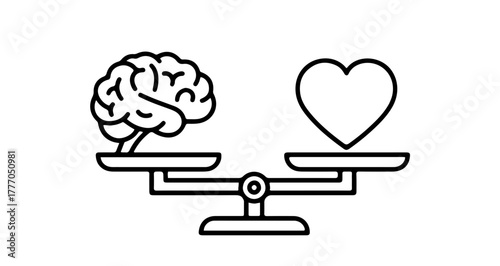 Vector Icon of Brain and Heart on Balance Scale Emotional Intelligence, Mind and Heart Harmony, Minimal Flat Line Art, Pastel Pink and Blue