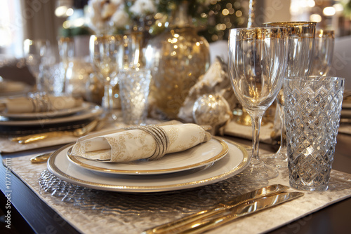 Elegant crystal and glass accent holiday table setting,  champagne and soft metallics.