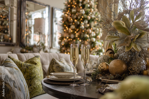 Mocha mousse and champagne holiday olive green tree. Christmas celebration.