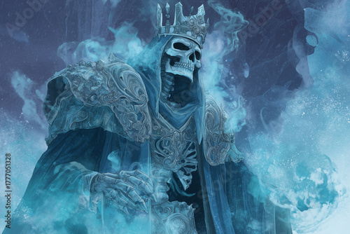Undead lich king emerging from icy tomb.