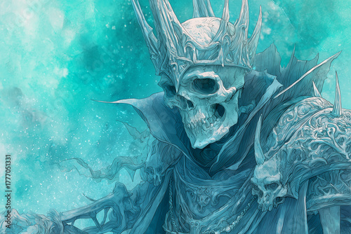 Undead lich king emerging from icy tomb.