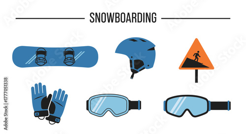 Snowboarding gear collection featuring a snowboard, helmet, warning sign, gloves, and goggles on a flat background, vector illustration
