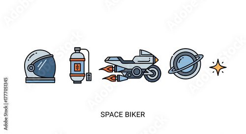 Vector icon set of space biker elements including helmet, fuel tank, motorcycle, planet, and star on a minimalistic design