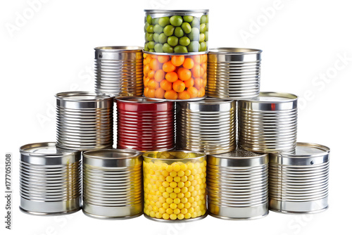 Stack of assorted canned goods, including green peas orange spheres and yellow spheres, cutout, PNG, isolated on white or transparent background, AI
