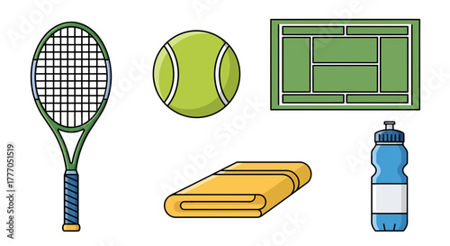 Tennis equipment set including racket, ball, towels, and hydration bottle, displayed on a clean white background, minimalist vector illustration.
