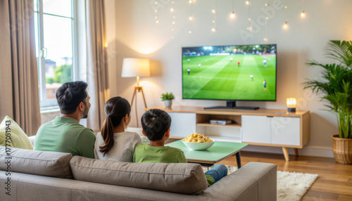 Family watching football match on TV at home, enjoying popcorn