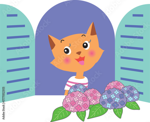 窓辺の猫とあじさい
