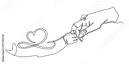 One continuous line drawing of baby kid hand holding mom dad parents hands. son daughter grab mommy daddy hand. family doodle outline art line vector illustration