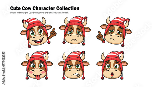 Six cartoon cow heads wearing red and white striped hats, each displaying a different emotion: happy, sad, angry, surprised, cheeky, and pointing.