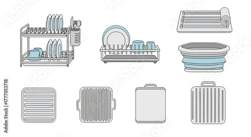 Vector icons of dishwashing liquids, brushes, and kitchen cleaning tools in a set on a clean background