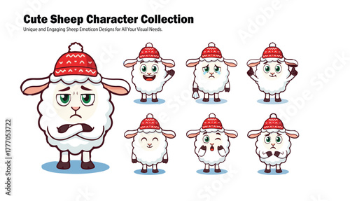 Collection of cute sheep cartoon characters wearing red winter hats, each with a different emotional expression on a white background.