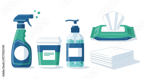 Cleaning Essentials Arranged on White Background, Featuring Spray Bottle, Detergent, Hand Sanitizer, Tissues, and Tissue Box in a Flat Design Illustration