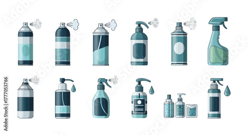 Collection of Disinfectant Sprays and Sanitizers on White Background