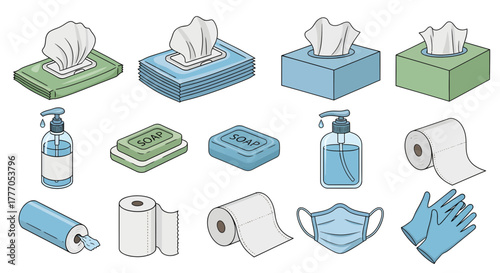 Collection of Hygiene Essentials and Cleaning Supplies Vector Icons on White Background