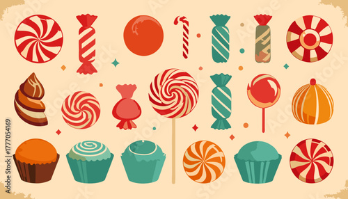 Colorful Candy and Lollipop Vector Set in Retro Style
