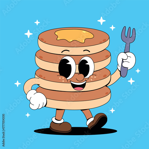 Retro Cartoon Pancake Walking with a Fork