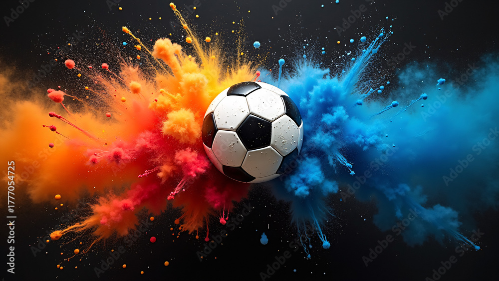Fototapeta premium Classic soccer ball explodes through red, orange, and blue powder—dark backdrop intensifies motion and impact. 