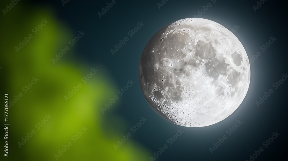 Obraz premium A stunning view of the moon shining brightly against a dark sky, surrounded by lush greenery.