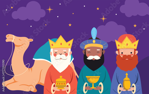 Happy Three Kings Day and Camel Vector Illustration.