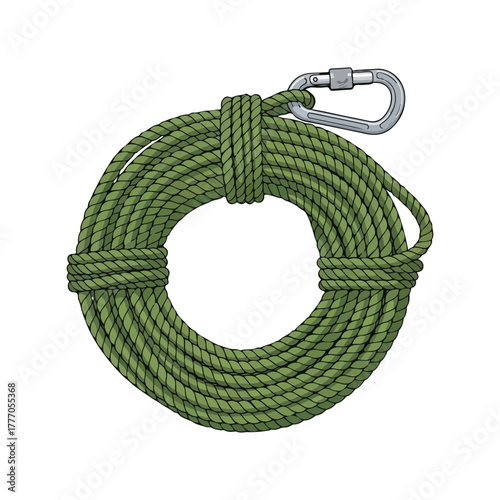 Coiled green climbing rope and carabiner clip vector illustration