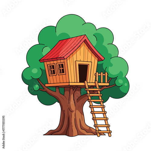 Child's wooden tree house and ladder vector illustration