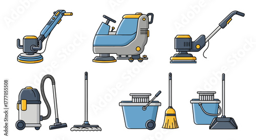 Collection of janitorial machines and cleaning equipment on a white background
