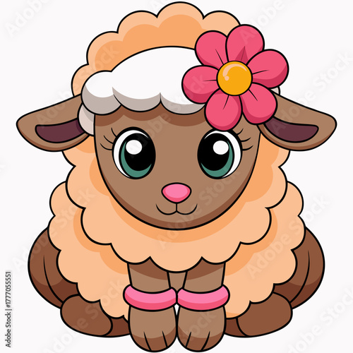Lovely baby sheep sitting with a flower in its mouth wearing a cute ribbon on its head 2026 on white background