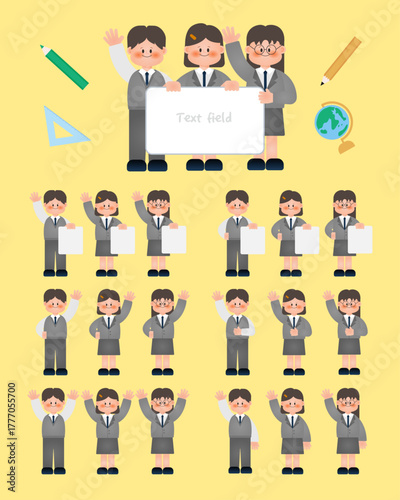 Cute Students in School Uniform – Standing and Waving Character Set