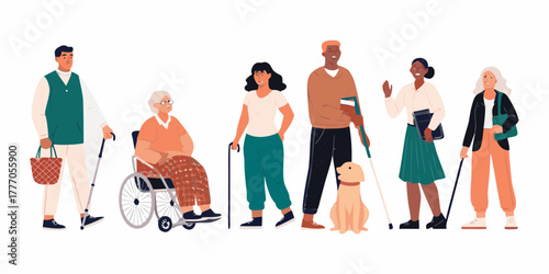 Diverse group of people with disabilities and a service dog standing together